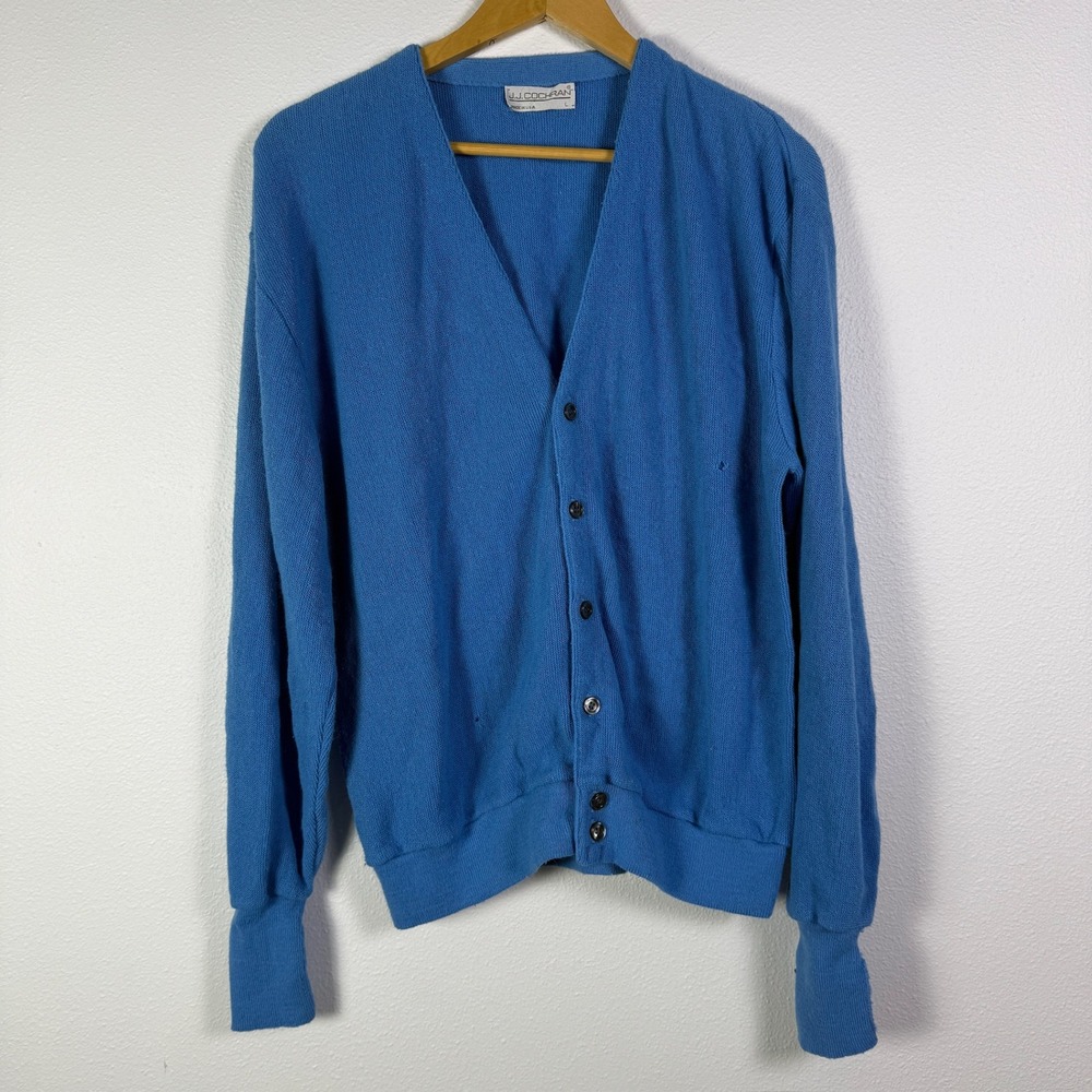 J.J. Cochran Cardigan Sweater Mens Large Blue Good Vintage Knit V-Neck USA Made